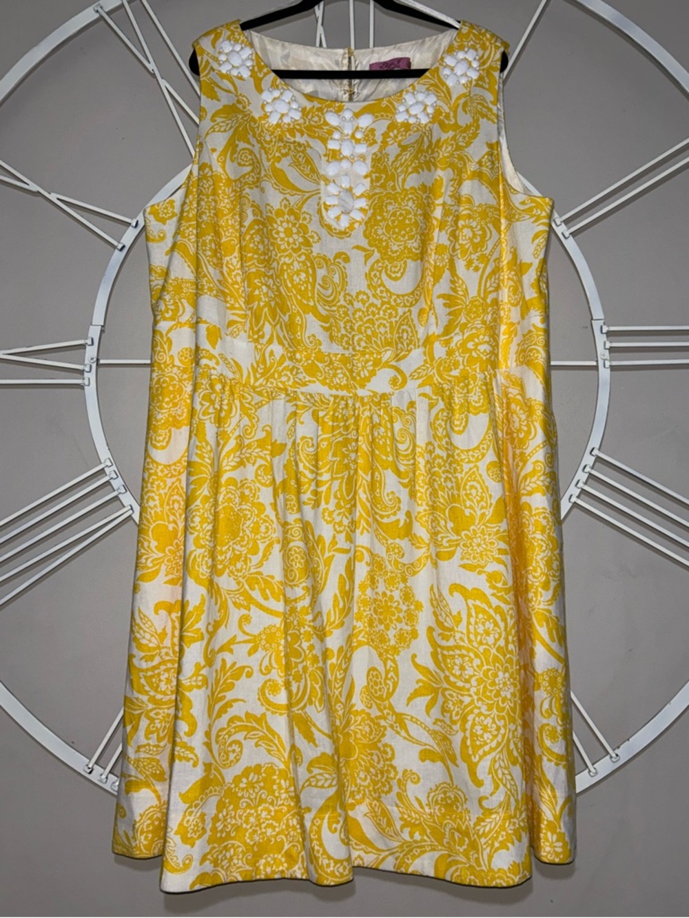 Eliza J New York Linen Blend Yellow and White Floral Bejeweled Neckline Dress
